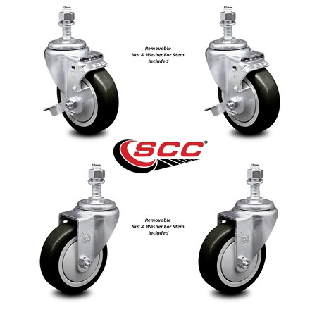 Service Caster 4 Inch Black Polyurethane Wheel Swivel 12mm Threaded Stem Caster Brake, 2PK SCC-TS20S414-PPUB-BLK-TLB-M1215-2-S2